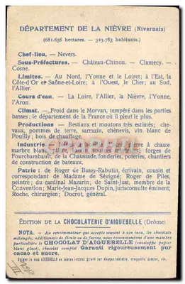 Nièvre — Mapa de los Departamentos — Edición de la Chocolatería de Aiguebelle — Reverso