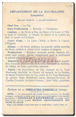 Haute-Loire — Carte des départements — Édition de la Chocolaterie d'Aiguebelle — Verso