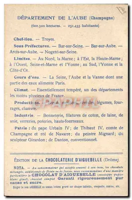 Die Departemente: AUBE — Ausgabe der CHOCOLATERIE D'AIGUEBELLE — Rückseite