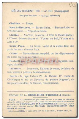 Die Departemente: AUBE — Ausgabe der CHOCOLATERIE D'AIGUEBELLE — Rückseite