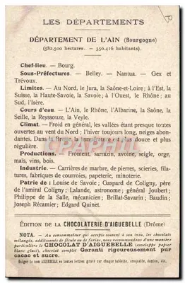 Os Departamentos: AIN — Edição da Chocolaterie d'Aiguebelle — Verso
