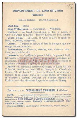 Carta dos Departamentos Loir-et-Cher e Loir — Edição da Chocolaterie d'Aiguebelle — Verso