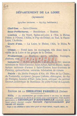 Die Departements: LOIRE — Ausgabe der CHOCOLATERIE D'AIGUEBELLE — Rückseite