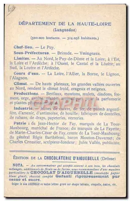 Haute-Loire — Karte der Departemente — Edition der Schokoladenfabrik Aiguebelle — Rückseite
