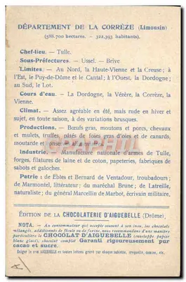 Département Corrèze — Ausgabe der Schokoladenfabrik Aiguebelle — Rückseite