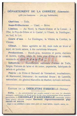 Corrèze — Geografische und beschreibende Karte — Ausgabe der Schokoladenfabrik Aiguebelle — Rückseite