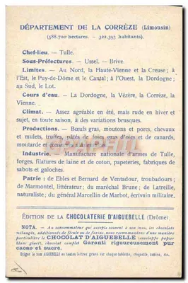 Die Departements: CORRÈZE — Ausgabe der CHOCOLATERIE D'AIGUEBELLE — Rückseite
