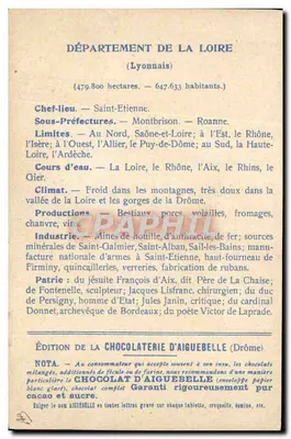 Los Departamentos: LOIRE — Edición de la CHOCOLATERIE D'AIGUEBELLE — Reverso