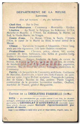 Die Departemente: MEUSE — Karte des Departements mit Illustration der Porte de la Chaussée in Verdun — Ausgabe der Chocolaterie d'Aiguebelle — Rückseite
