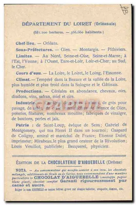 Die Departemente: LOIRET — Ausgabe der CHOCOLATERIE D'AIGUEBELLE — Rückseite