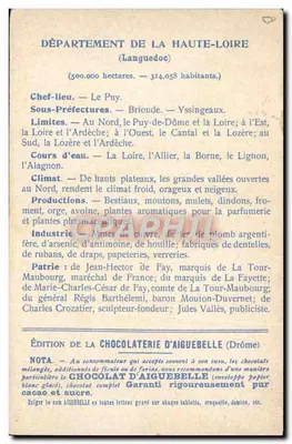 Haute-Loire — Mapa de los departamentos — Edición de la Chocolatería de Aiguebelle — Reverso