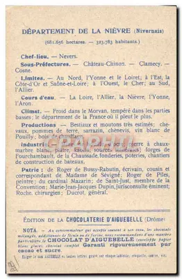 I Dipartimenti: NIÈVRE — Edizione della CIOCCOLATERIA D'AIGUEBELLE — Verso