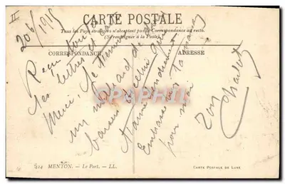 Menton — Port — Stara pocztówka n° 424 — Rewers