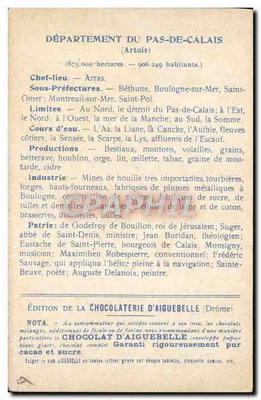 Os Departamentos: PAS-DE-CALAIS — Edição da CHOCOLATERIE D'AIGUEBELLE — Verso