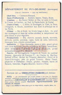 Die Departemente: PUY-DE-DÔME — Ausgabe der CHOCOLATERIE D'AIGUEBELLE — Rückseite