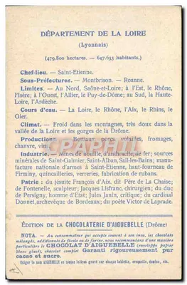 Os Departamentos: LOIRE — Edição da CHOCOLATERIE D'AIGUEBELLE — Verso