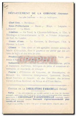 Os Departamentos: GIRONDE — Edição da CHOCOLATERIE D'AIGUEBELLE — Verso