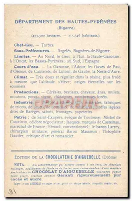 Hautes-Pyrénées — Carta dos departamentos — Edição da Chocolaterie d'Aiguebelle — Verso