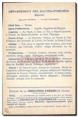 Hautes-Pyrénées — Karte der Departements — Ausgabe der Schokoladenfabrik Aiguebelle — Rückseite