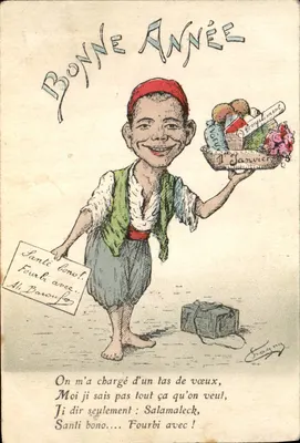 Bom Ano — Caricatura de um homem carregando um cesto de presentes — L. Chagny, desenho, 44 Rue Michelet, Alger