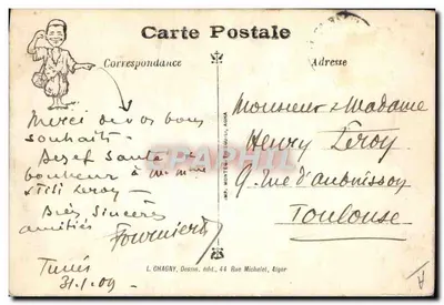 Bom Ano — Caricatura de um homem carregando um cesto de presentes — L. Chagny, desenho, 44 Rue Michelet, Alger — Verso