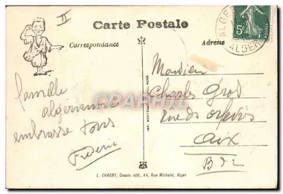 Ali o viajante — caricatura de um jovem Argelino carregando bagagens — desenho de L. Chagny, editor Argélia — Verso