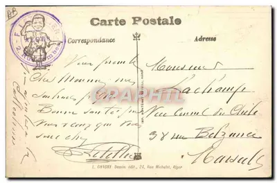 Sidi-Mohamed sobre Burnousplan! — Caricatura de un hombre en plano a vela — editor L. CHIGNY, Alger — Reverso