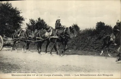 Manöver der 13. und 14. Armee-Korps, 1909 — Die Maschinengewehre der Dragoner — militärischer Verlag, 84 rue Pasteur, Lyon