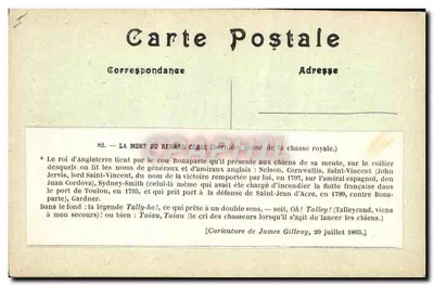 Stara pocztówka Napoleon I Śmierć Corsyjskiego Lisaka Renard Pies Corsica — Rewers