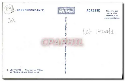 Widok na Villas i Grand Hôtel Estérel — Cap Levé, Nice — Wydawnictwo Francuskie ADIA — Rewers