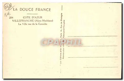 Villefranche-sur-Mer — vista da Corniche — Éditions d'Art Yvon, n°204 — Verso