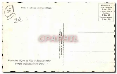 Onderste gorges van de Cians — Route door de Alpen van尼斯 naar Barcelonnette — Uitgegeven door de Agence Nationale des Voyages, 12 Boulevard de Clichy, Parijs — Achterkant