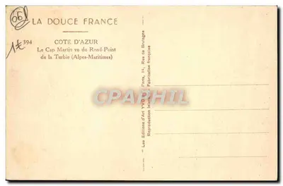 Cap Martin widziany z Rond-Point de la Turbie — Côte d'Azur — Éditions d'Art YVQ, Paris — Rewers