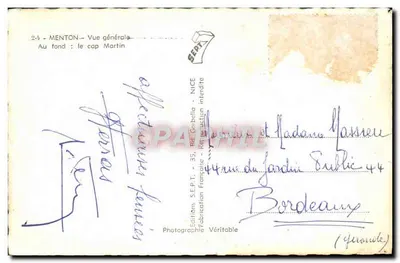 Menton — Ogólny widok — W tle: kap Martin — Wydawnictwo S.E.P.T. - 35, ulica Corbella - Nice — Rewers