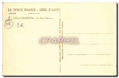 Villefranche-sur-Mer — A Rua Obietre — Edição Yvon — Verso