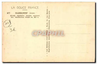 Narbonne (Aude) — Muzeum lapidaryjne, dawniej klasztor benedyktynów założony w XI wieku — Les Éditions d'Art Yvon, Paryż — Rewers