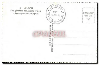 Menton — Vista geral dos Jardins, Hotéis e Montanhas de Ste-Agnès — Edições d'Art Munier — Verso