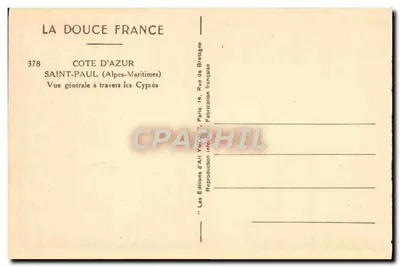 Saint-Paul (Alpes-Maritimes) — Vista geral através dos ciprestes — Éditions d'Art Yvonne, Paris — Verso