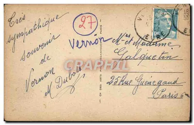 Stara pocztówka Vernon Widok z Hotel de Ville — Rewers