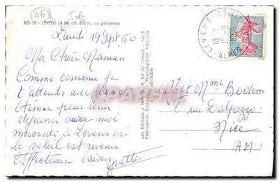 Lévins (Alpes-Maritimes) — vue du village au printemps avec église et fleurs en fleur — Les Éditions « MA » — Verso