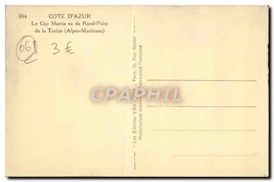Kap Martin widziany z rondpunktu Turbie (Alpes-Maritimes) — Les Éditions d'Art Aron, Paryż — Rewers