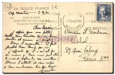 Ogólny widok w stronę Monte-Carlo — Côte d'Azur — Wydawca Yvon, nr 107 — Rewers