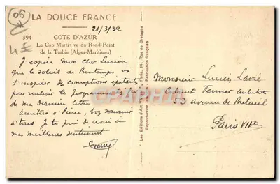 O Cap Martin visto do Rond-Point de la Turbie (Alpes-Maritimes) — Les Éditions d'Art Vyvont, n°394 — Verso
