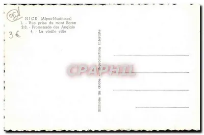 Nice (Alpes-Maritimes) — Widok z wzniesienia Boron, Promenade des Anglais, Stare Miasto — Wydawnictwo Globe — Rewers