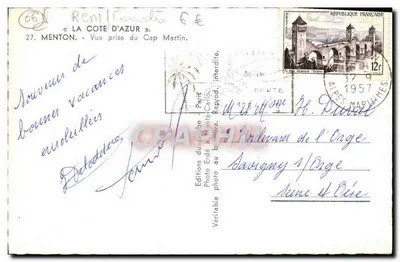 Menton — Widok z Cap Martin — Wydawnictwo du Globe, Paryż — Rewers