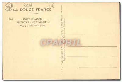 Menton - Cap Martin — Algemene uitzicht op Menton — Edities d'Art Martel, n°286 — Achterkant