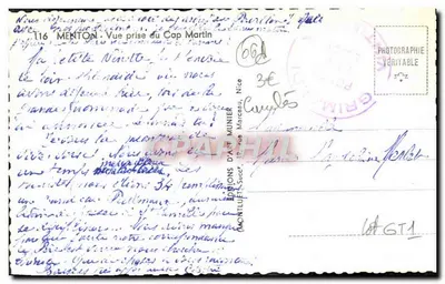 Widok Cap Martin — Montluçon, Francja — wydawca Munier, n°116 — Rewers