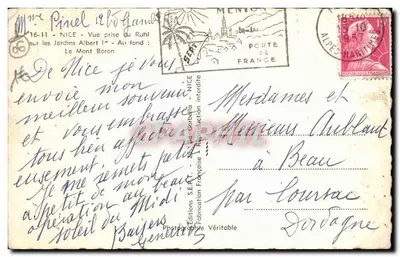 Uitzicht op Nizza - Tuinen Albert I - In de verte: De Mont Boron — Uitgaven S.E.F.T. - Franse fabricatie — Achterkant