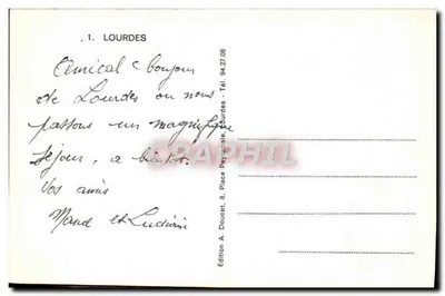 Lourdes — widok panoramiczny i statua Najświętszej Maryi Panny z Lourdes — Éd. A. Doucet, Lourdes — Rewers