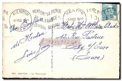 Menton - A Promenade — editor L. Gilletta e Cie, n°930 — Verso